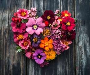 Flowers arranged in the shape of a heart, banner with copy space