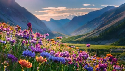 Obraz premium Vibrant Wildflowers Bloom Across Mountain Valley
