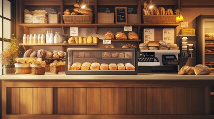 A cozy bakery counter with freshly baked bread, a cash register, and organized display shelves, small business management concept with copy space.