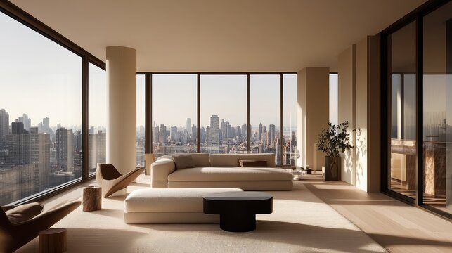 A contemporary living room with a neutral color palette, large windows, and plenty of space for overlaying text.