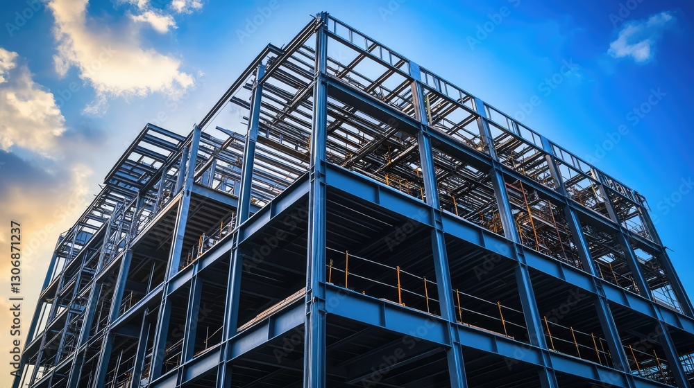 Poster a detailed view of a steel frame being installed on a building site with plenty of open space above 