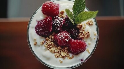 Top view of breakfast with yogurt, granola, and fresh berries, vibrant and healthy, clean eating, ultra-detailed, 8k