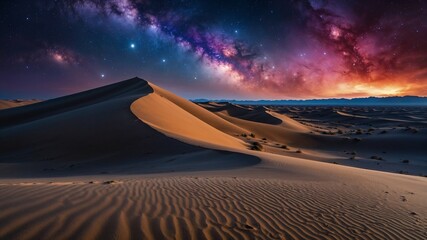 Sand dunes permeated with ethereal light and captivating nebula clouds that evoke infinite mystery. Generative AI.
