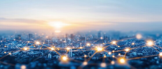 Obraz premium A panoramic view of a city skyline at sunset, illuminated with glowing connections, symbolizing technology and urban life.
