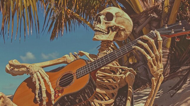 Skeleton playing an acoustic guitar on a sandy beach. the skeleton is holding the guitar with both hands and appears to be strumming the strings. the guitar is brown in color and has a glossy finish.