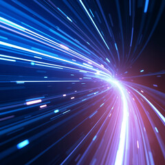 Abstract futuristic digital technology background featuring high-speed blue light lines and glowing effects. The dynamic design represents data transfer and high-tech innovation in motion, resembling