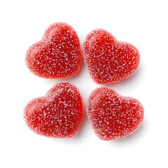 Fototapeta premium Red Jelly heart shaped candies coated in sugar, isolated on white background