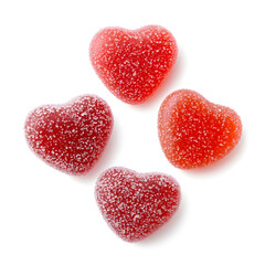 Fototapeta premium Red Jelly heart shaped candies coated in sugar, isolated on white background