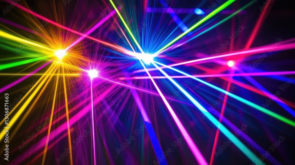 Poster a dynamic pattern of laser lights crossing each other in various vibrant colors, with enough space f