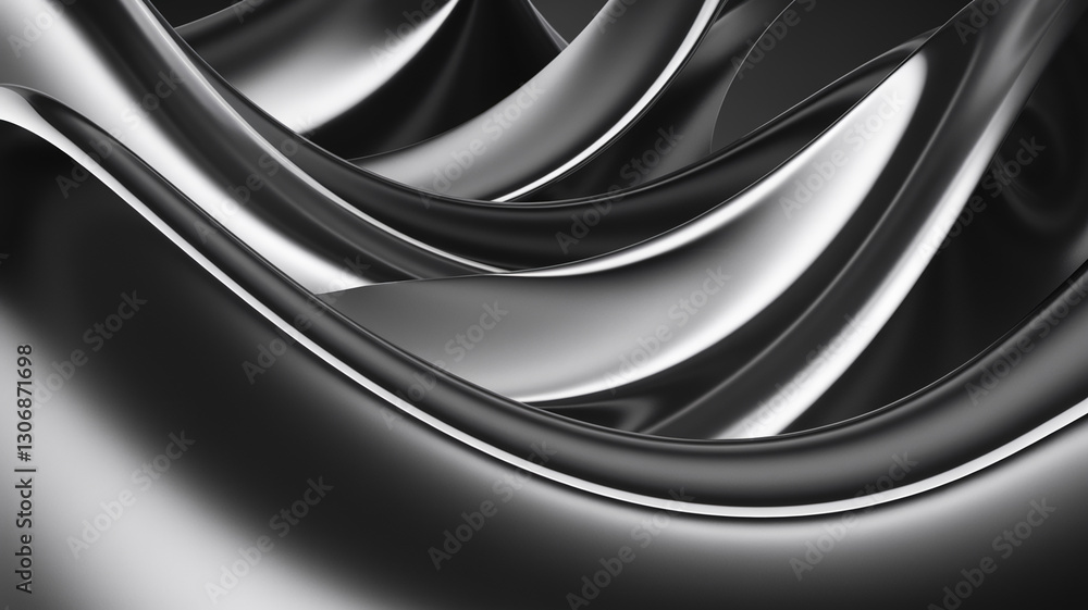 Poster abstract image of flowing, dark grey and silver curves creating a sleek and modern design, showcasin