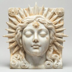 Obraz premium Elegant Marble Sculpture of a Serene Face with Radiant Sun Rays