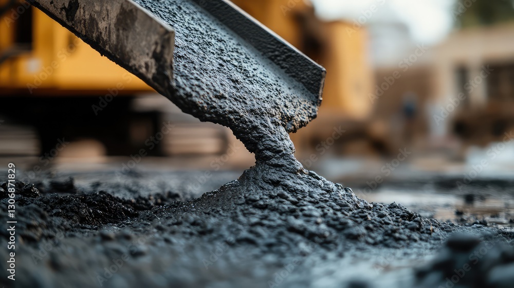 Poster a flow of concrete being poured onto a construction site with a blank space on the surface for addin
