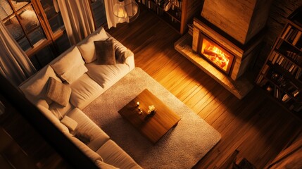 Top view of cozy living room with fireplace, comfy sofa, and warm lighting, inviting and relaxing, ultra-detailed, 4k