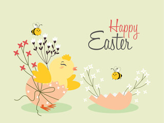 Easter composition with spring chicken, bees and flowers. Easter card in flat vector style