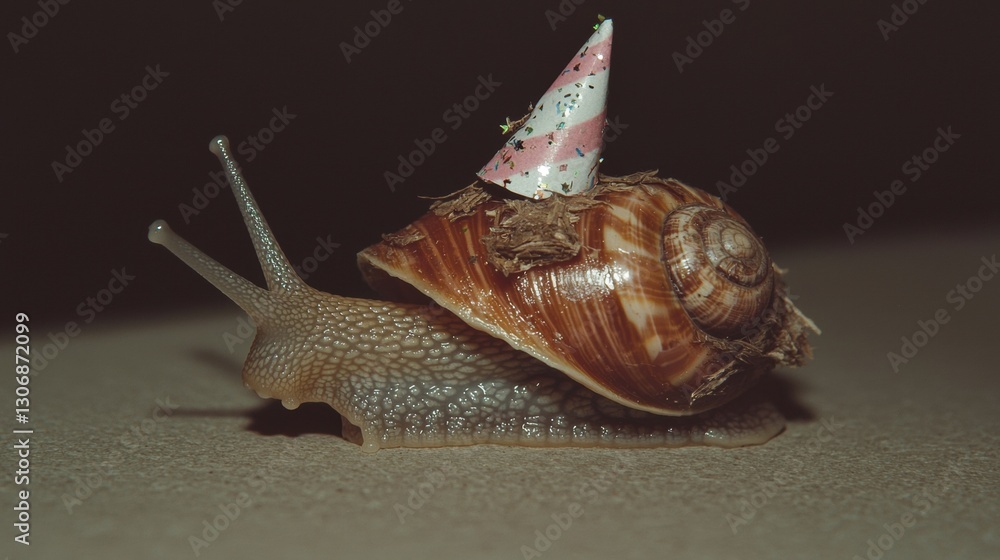 Poster close-up of a snail with a party hat on its head. the snail is facing towards the right side of the 