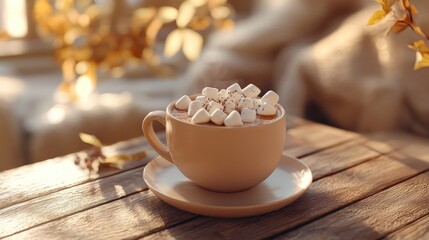 Steaming hot chocolate with marshmallows on wooden table.