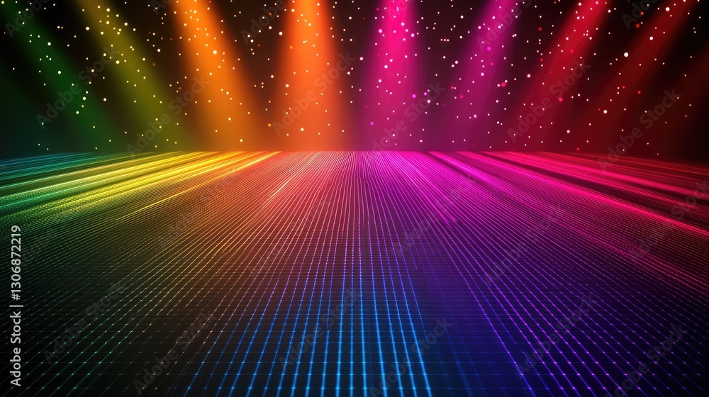 Poster a glowing laser grid pattern across a dark surface, producing rays of colored light with ample room 