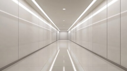 A minimalist hallway with a sleek design, featuring a blank wall area perfect for text placement.
