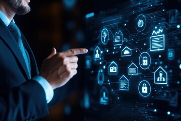 A business professional interacts with digital icons on a futuristic touchscreen, representing data, security, and technology in a modern workspace.