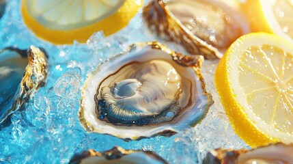 Fresh oysters on ice with lemon slices. (2)