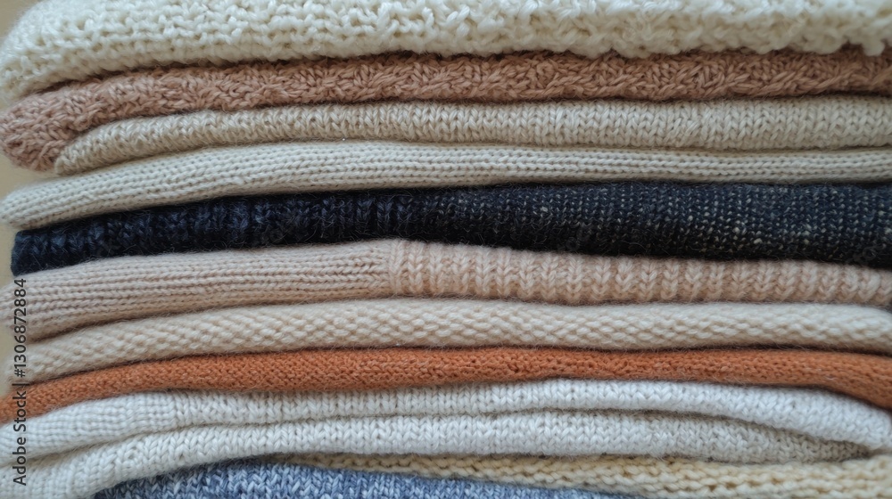 Aufkleber stack of folded sweaters in various colors and patterns. the sweaters are neatly folded and stacked 