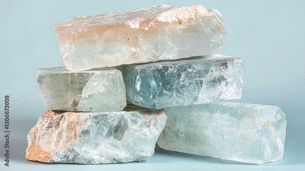 Poster stack of five large, irregularly shaped crystals on a light blue background. the crystals are of dif