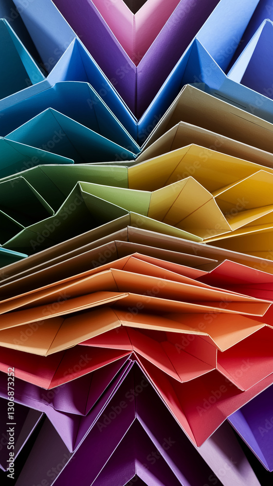 Poster close-up of multicolored folded paper creating a vibrant, geometric pattern. showcase of texture and