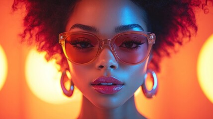 Obraz premium Close-up portrait of a young woman with curly hair, sunglasses, and hoop earrings, against a vibrant orange and blue neon light background.