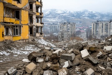 An abandoned city consumed by contamination, thick fog covering decayed buildings