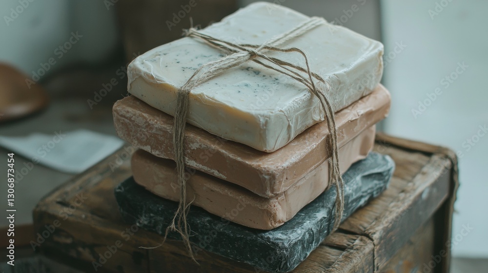 Poster stack of three soap bars tied together with twine. the soap bars are stacked on top of each other on