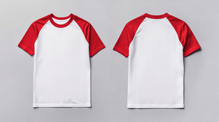 A white and red short-sleeve raglan t-shirt is displayed from the front and back and a flat lay concept is used as a mockup design template