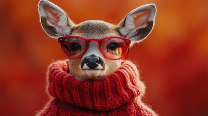 stylish deer wearing red sunglasses and a cozy sweater against a bright red background showcasing a fun and playful concept perfect for festive themes and wildlife illustrations