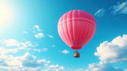 Fototapeta premium Pink hot air balloon soaring through a vibrant blue sky with fluffy white clouds.