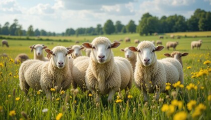 Fototapeta premium The coexistence of meadows and animals symbolizes the pleasant coexistence of contented sheep, verdant fields, and their vital role in pastoral traditions and agriculture. 
