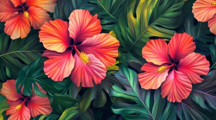 Tropical wallpaper with vibrant hibiscus flowers and leaves in bold colors, fresh and lively, ultra-detailed, 4k