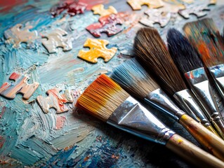 Obraz premium Artistic Creativity: Paintbrushes and Puzzle Pieces on a Colorful Painted Surface