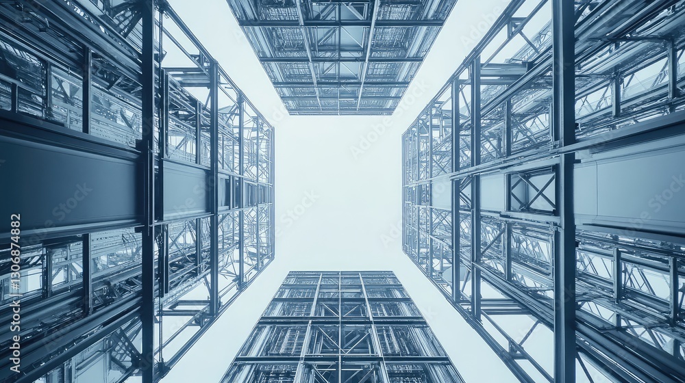 Poster a steel framework structure in the process of assembly with empty space on the right side of the fra