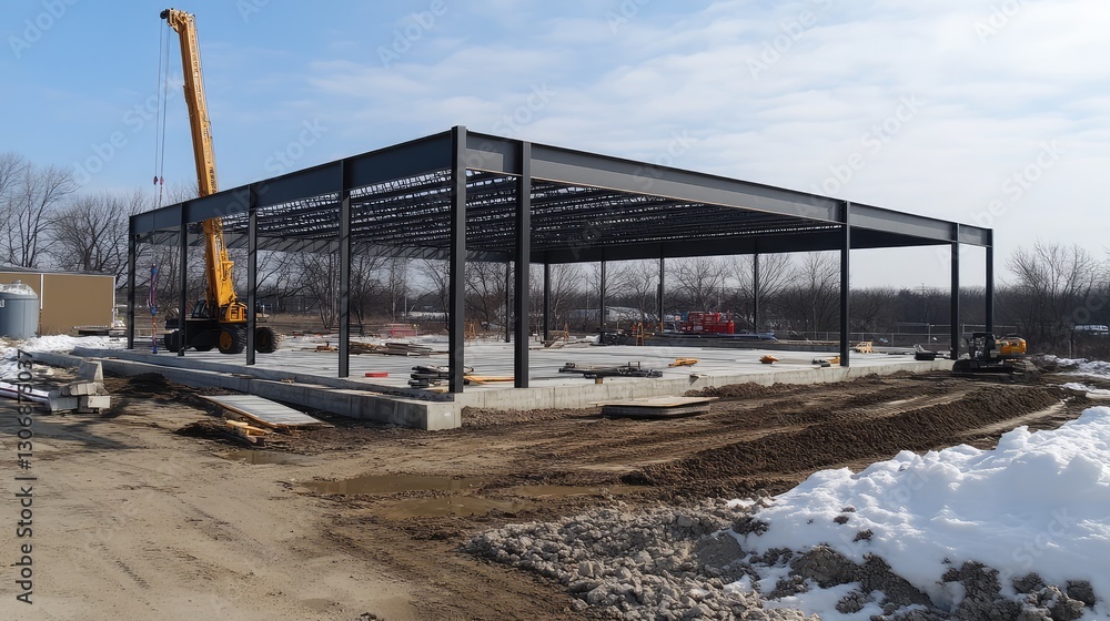 Poster a steel frame structure being assembled with clear space in the sky above for adding copy or creativ