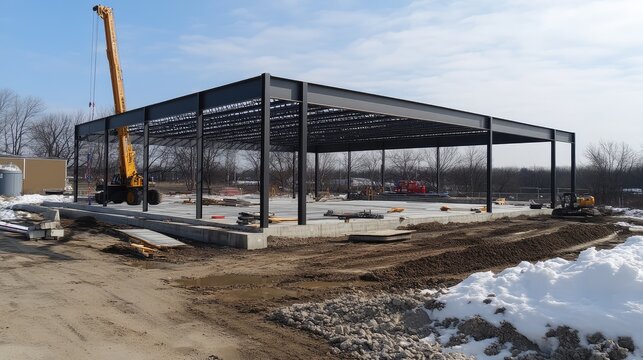 A steel frame structure being assembled with clear space in the sky above for adding copy or creative design elements.