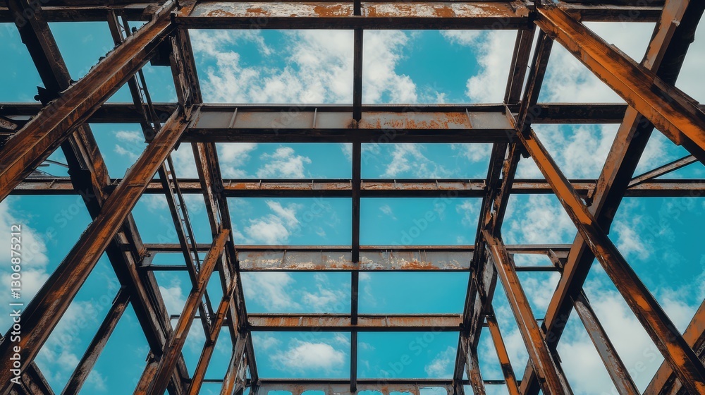 Poster a steel skeleton of a building with unfinished beams and open space in the sky above for placing tex