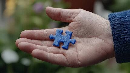 A single blue jigsaw puzzle piece held in the open palm of a hand