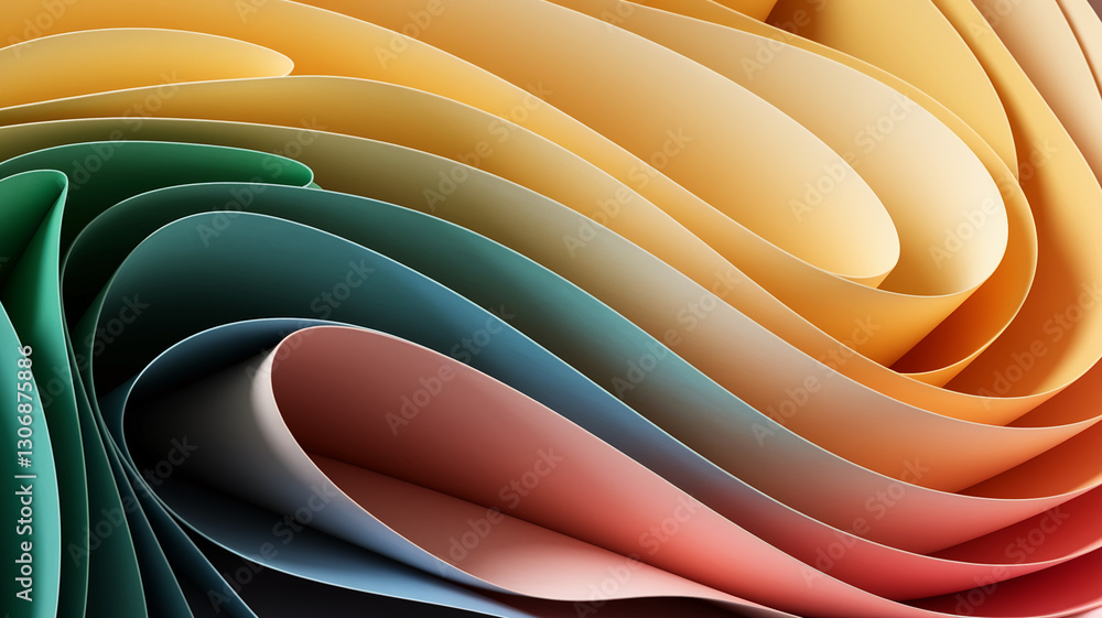 Poster Abstract image of layered pastel-colored paper curves, creating a dynamic, flowing design, showcasing a smooth texture and soft color gradients, ideal for background or presentation