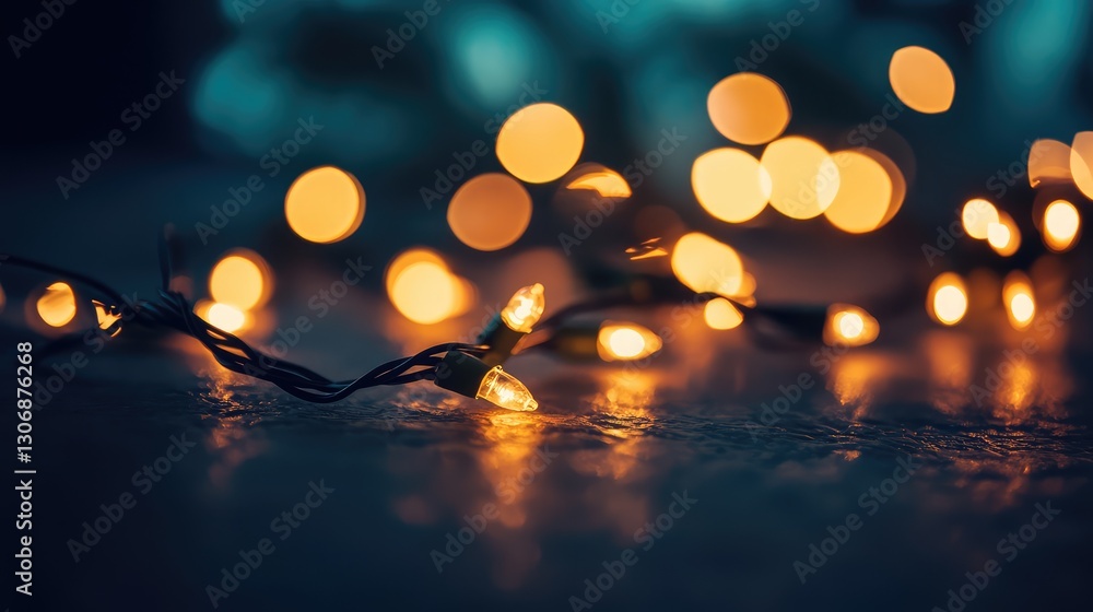 Poster christmas string lights glowing softly with a bokeh effect on a dark surface, perfect for creating a