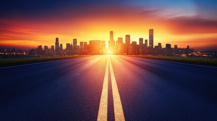 Business expansion concept with a road leading to a glowing futuristic city skyline, corporate growth theme with copy space.