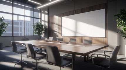 Fototapeta premium Empty Modern Conference Room with Wooden Table and Chairs and large white board