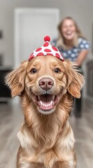 Plakat Joyful Golden Retriever Wearing Party Hat with Happy Owner in Background Celebrating Life Moments in Cozy Home Setting