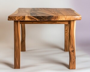 Square live edge wood table with simple legs on white background.
