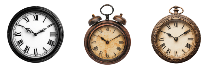 PNG Classic clock set isolated on white background, time management concept
