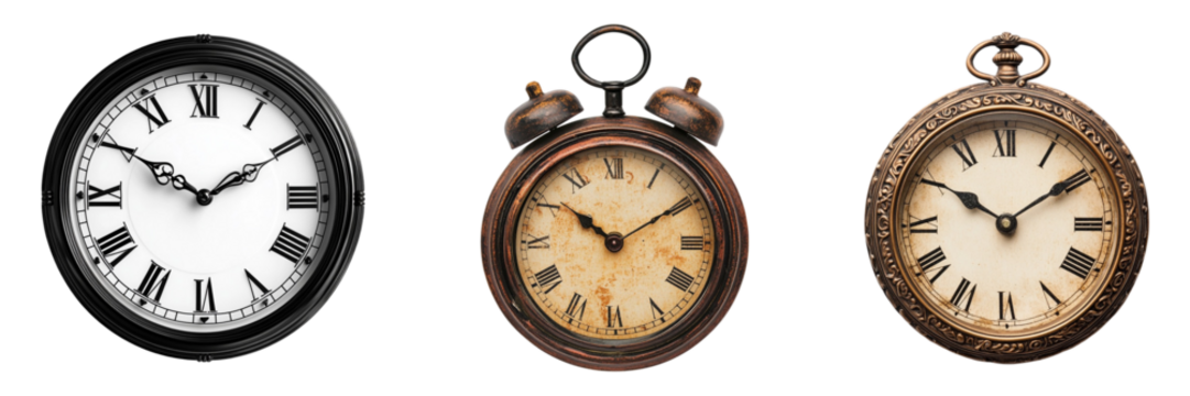 PNG Classic clock set isolated on white background, time management concept
