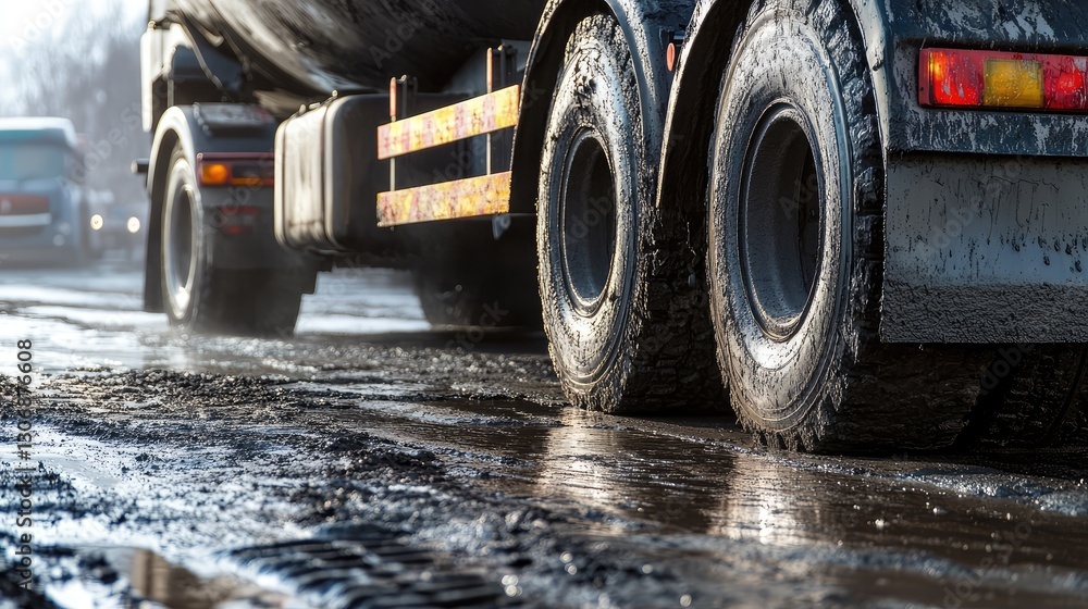 Poster close-up of fresh concrete being poured from a cement truck, creating a smooth surface with ample sp
